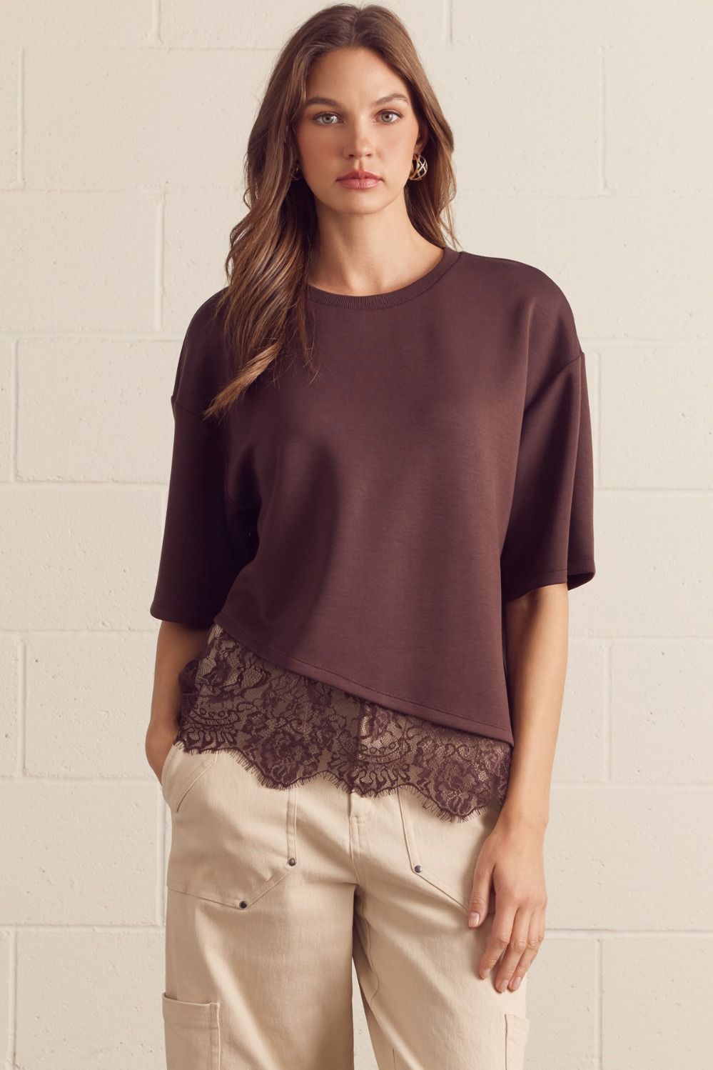 ENTRO Solid Short Sleeve Knit Top With Scalloped Lace Hem In Brown *COMING SOON*