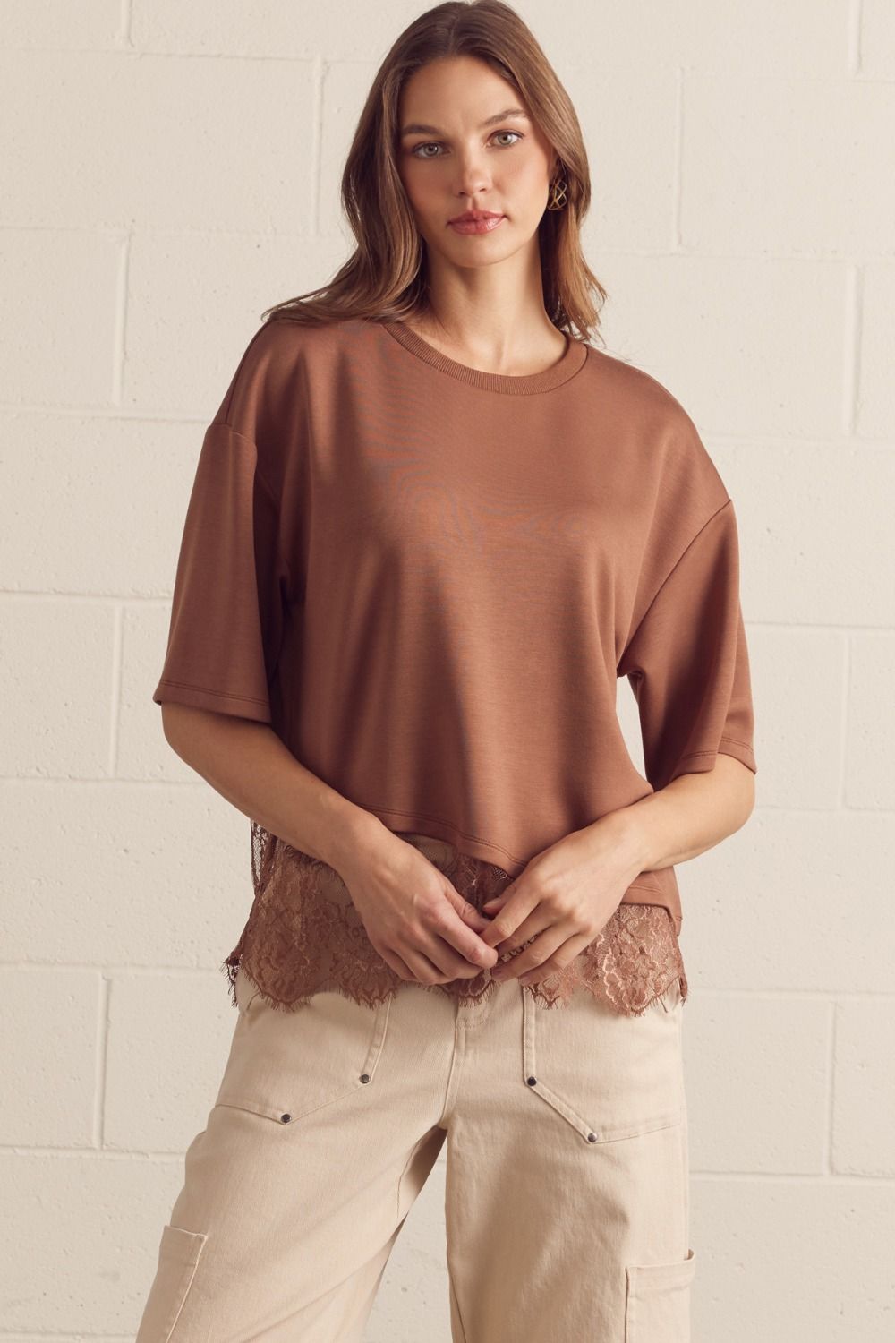 ENTRO Solid Short Sleeve Knit Top With Scalloped Lace Hem In Mocha *COMING SOON*