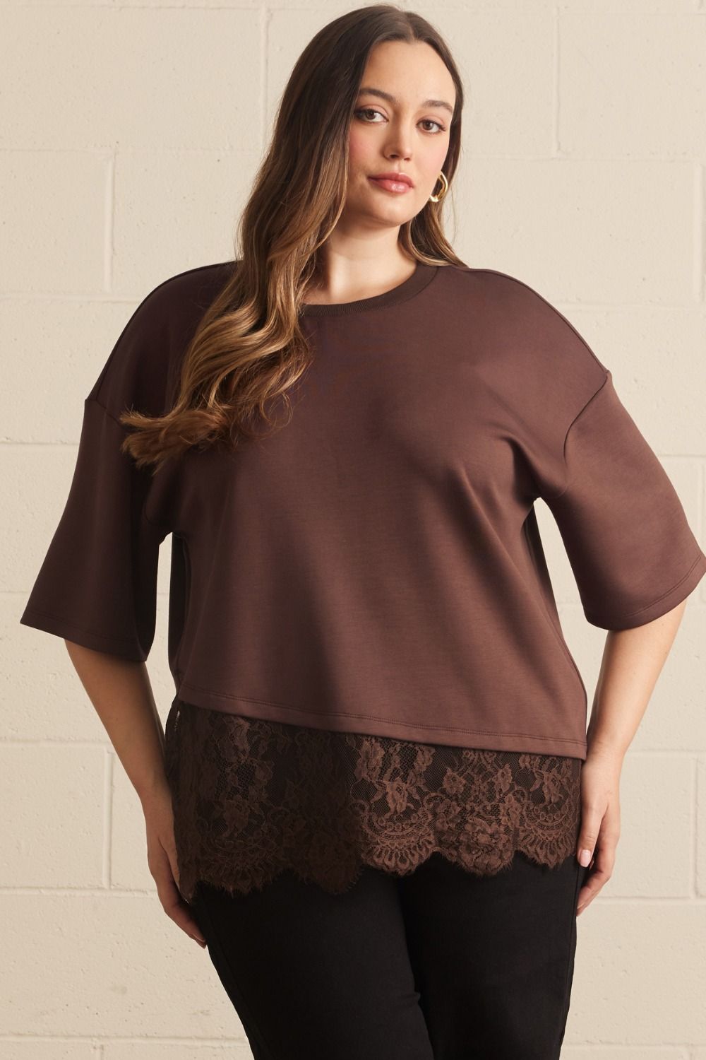ENTRO Solid Short Sleeve Knit Top With Scalloped Lace Hem In Brown PLUS Sizes *COMING SOON*