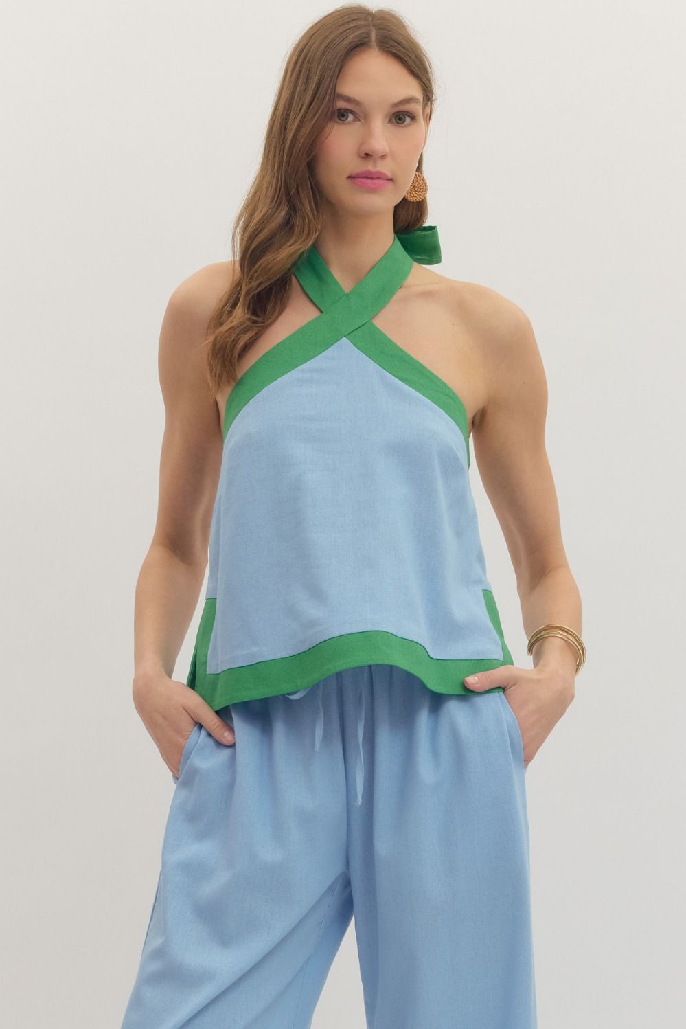 ENTRO Halter Sleeveless Top With Contract Trim In Blue