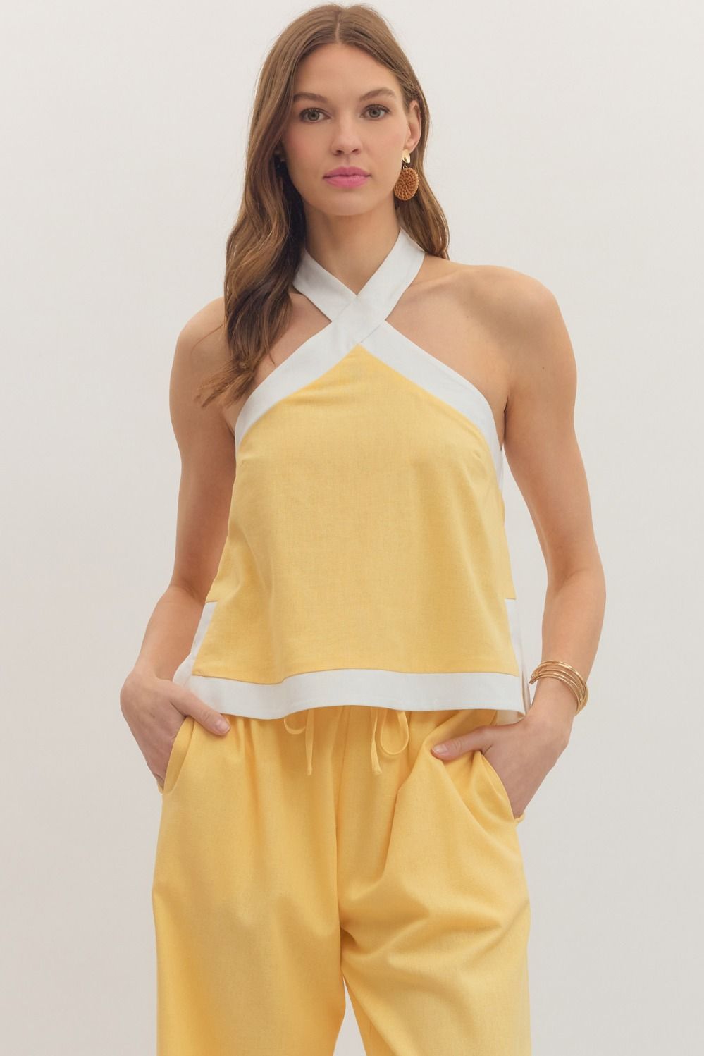 ENTRO Halter Sleeveless Top With Contract Trim In Lemon