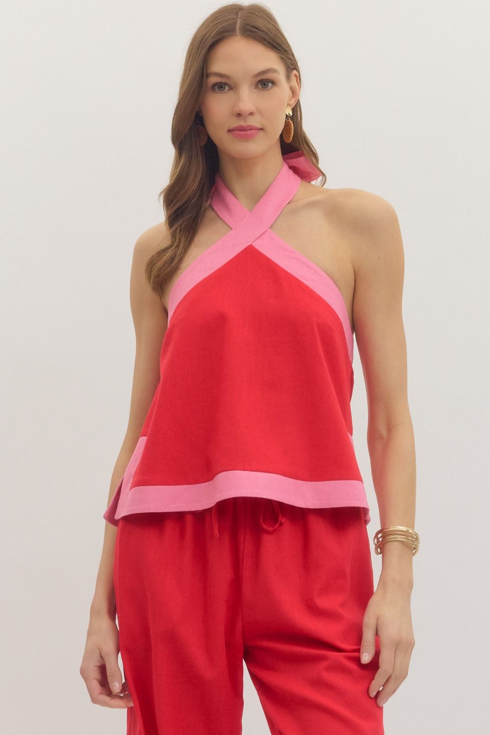 ENTRO Halter Sleeveless Top With Contract Trim In Red