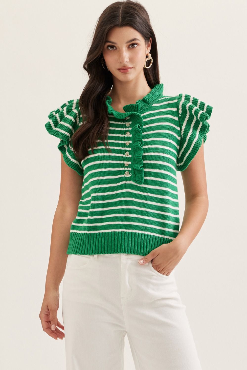 ENTRO Striped Ruffle Cap Sleeve Knit Top In Green