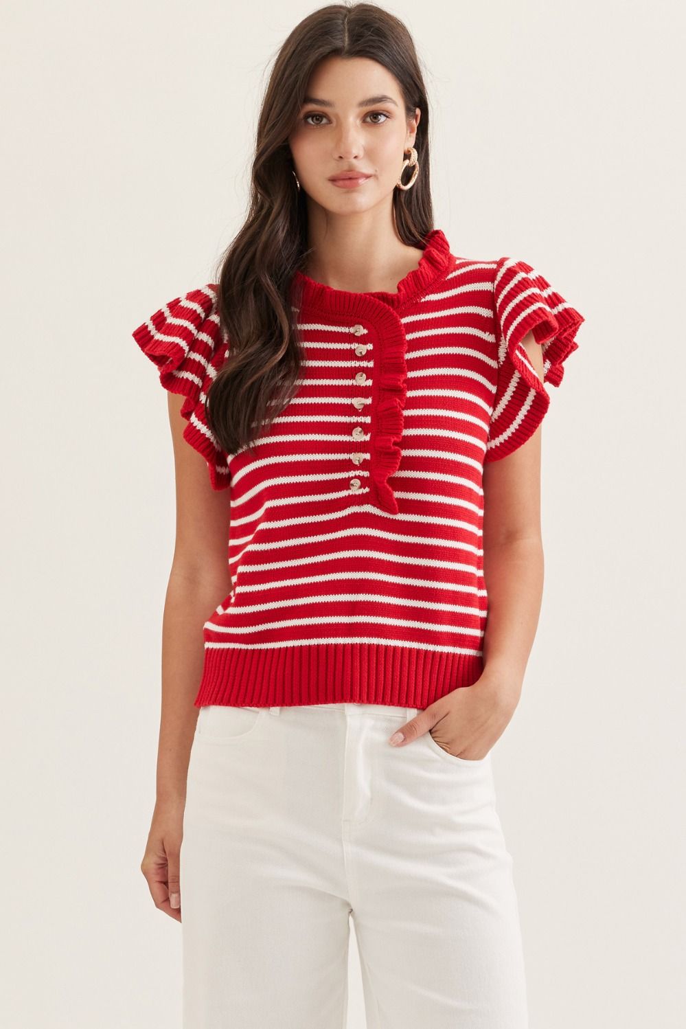ENTRO Striped Ruffle Cap Sleeve Knit Top In Red