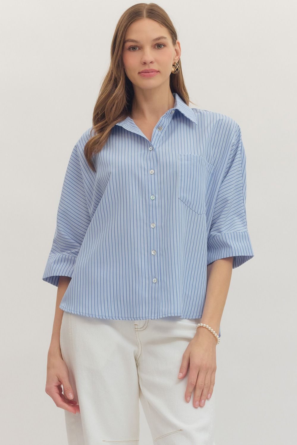 ENTRO Striped 3/4 Dolman Sleeve Top In Blue