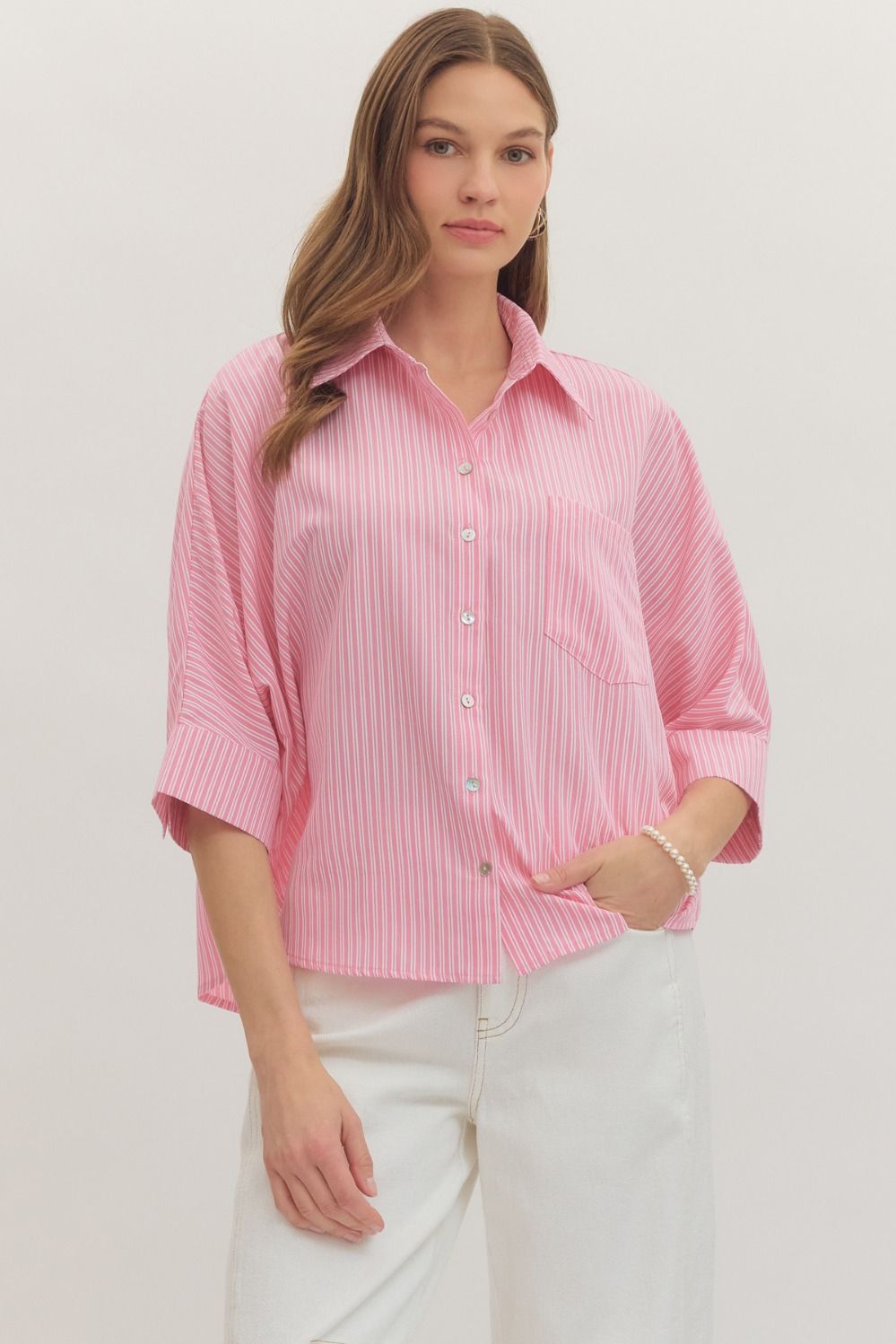 ENTRO Striped 3/4 Dolman Sleeve Top In Pink