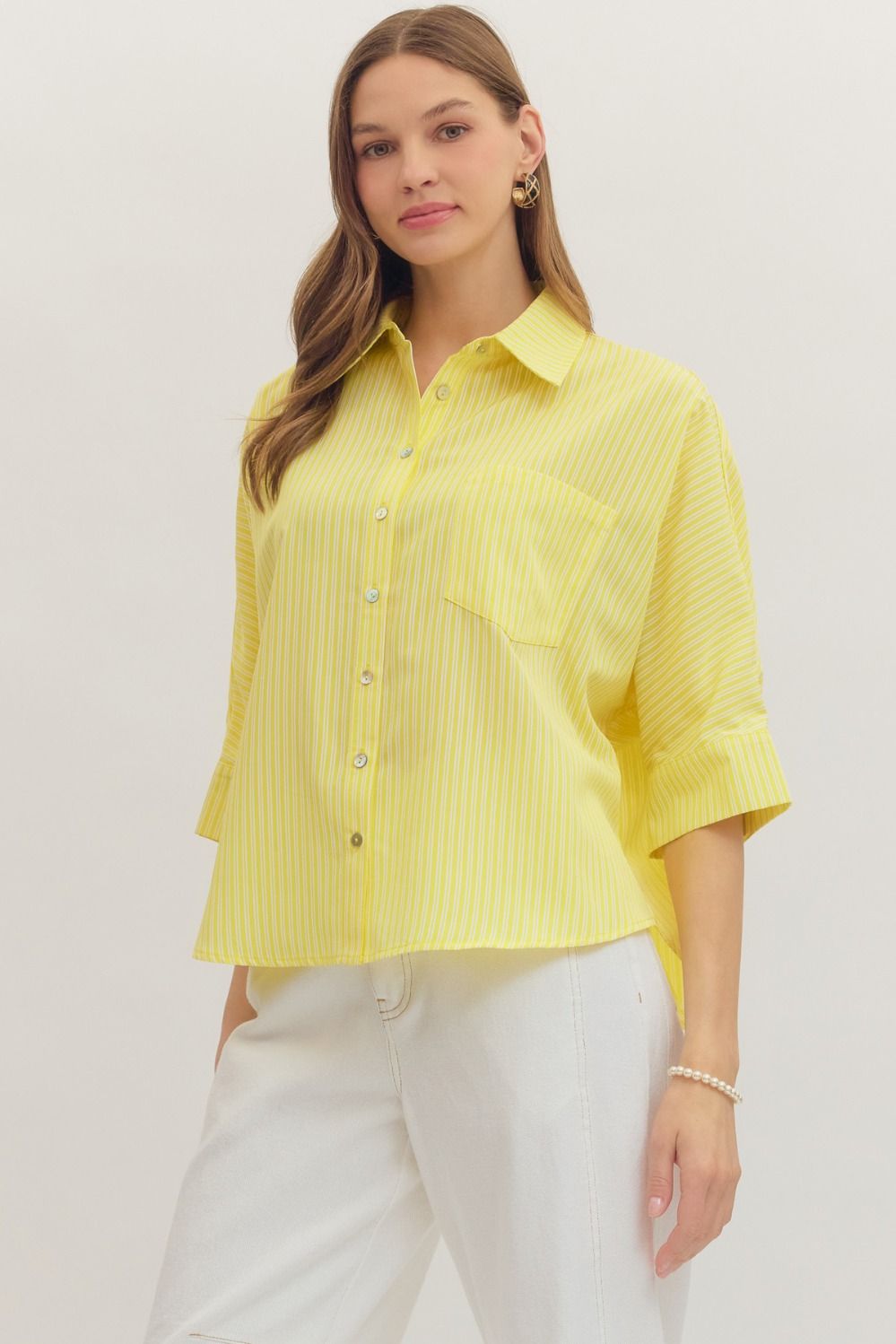 ENTRO Striped 3/4 Dolman Sleeve Top In Lemon