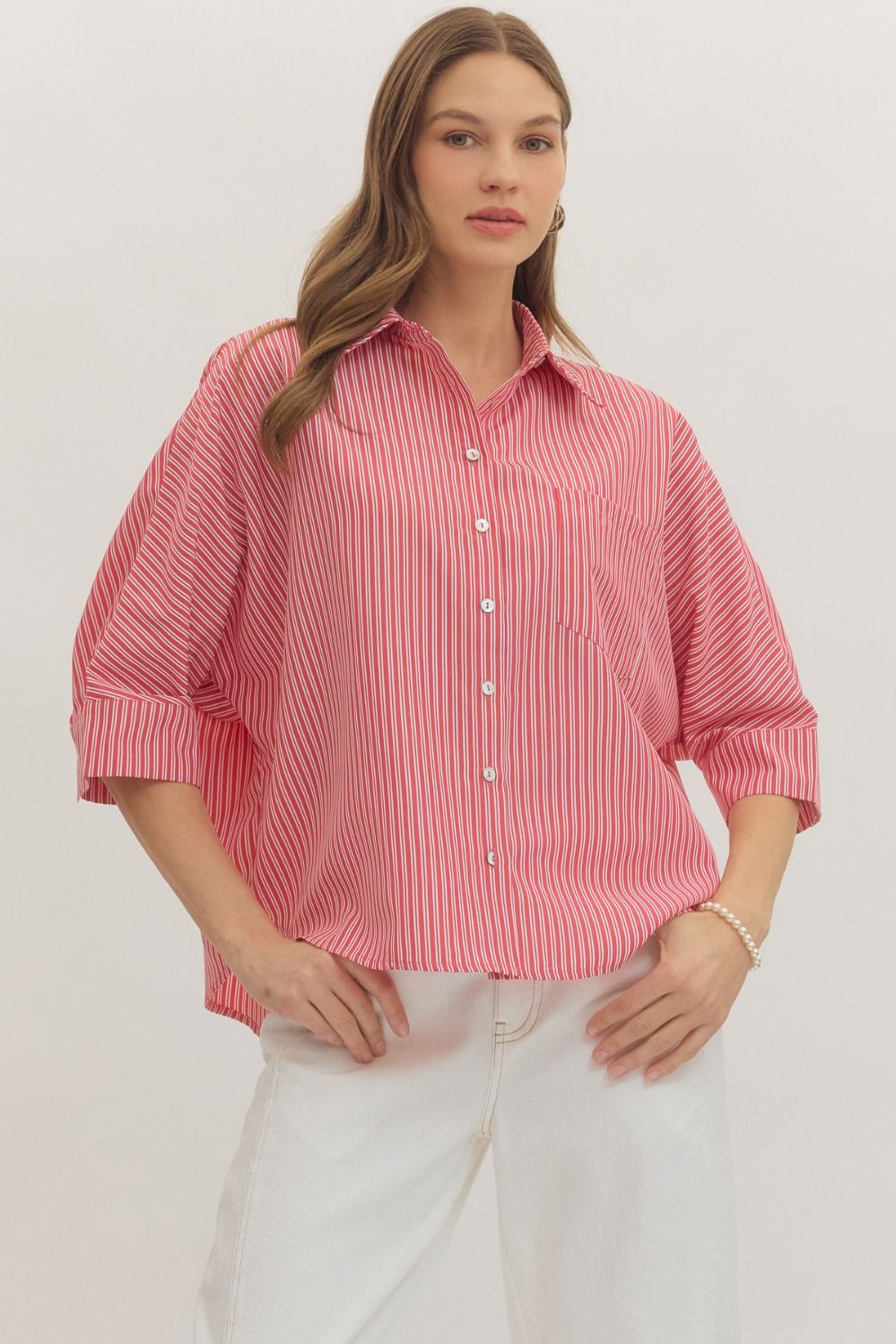 ENTRO Striped 3/4 Dolman Sleeve Top In Red