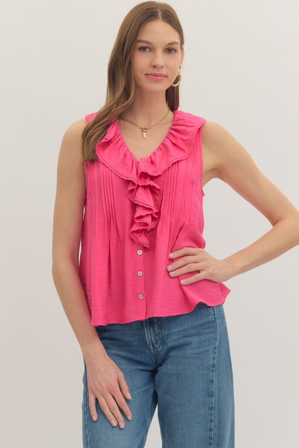 ENTRO Solid Sleeveless Ruffle Trim V Neck Top In Hot Pink