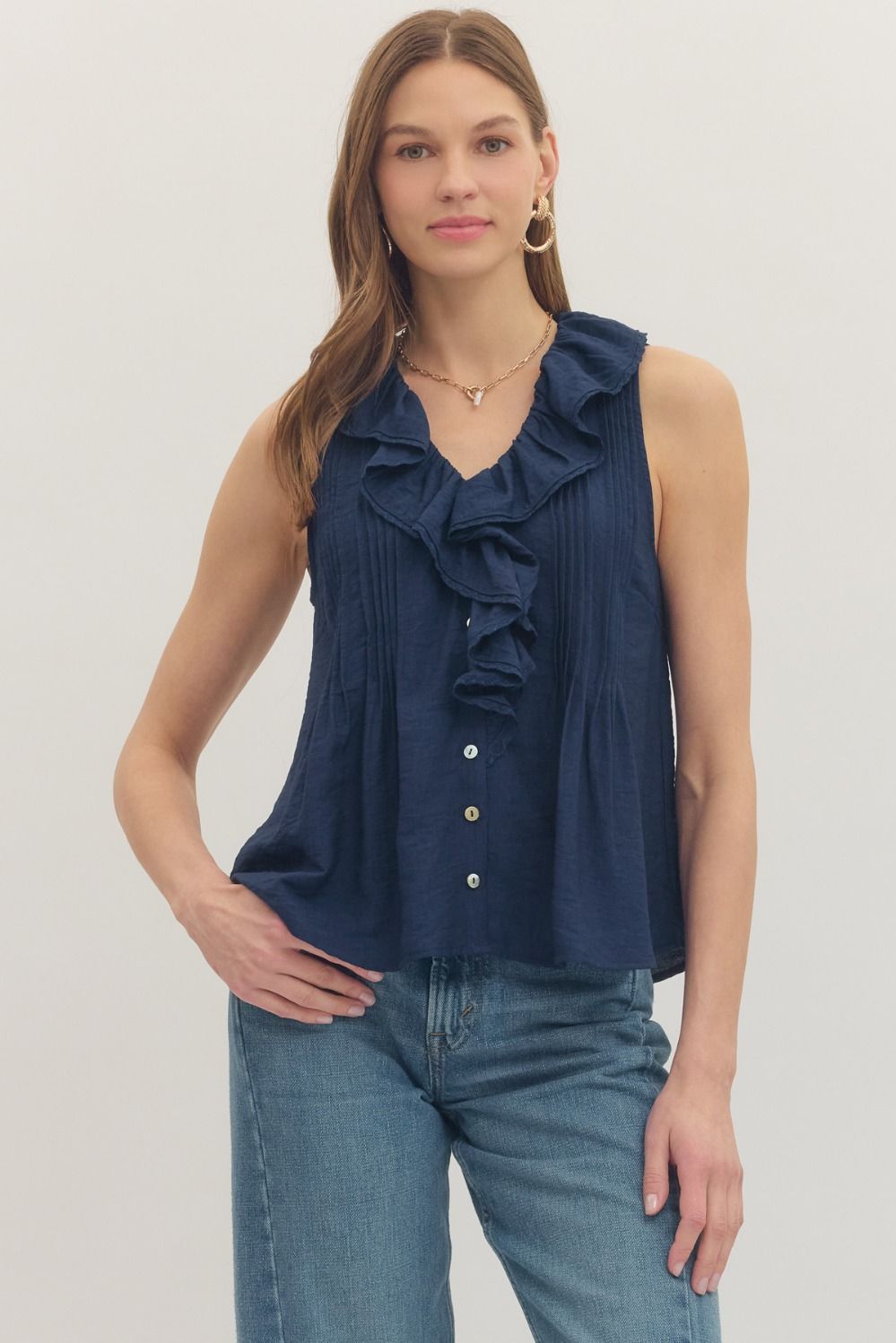 ENTRO Solid Sleeveless Ruffle Trim V Neck Top In Navy
