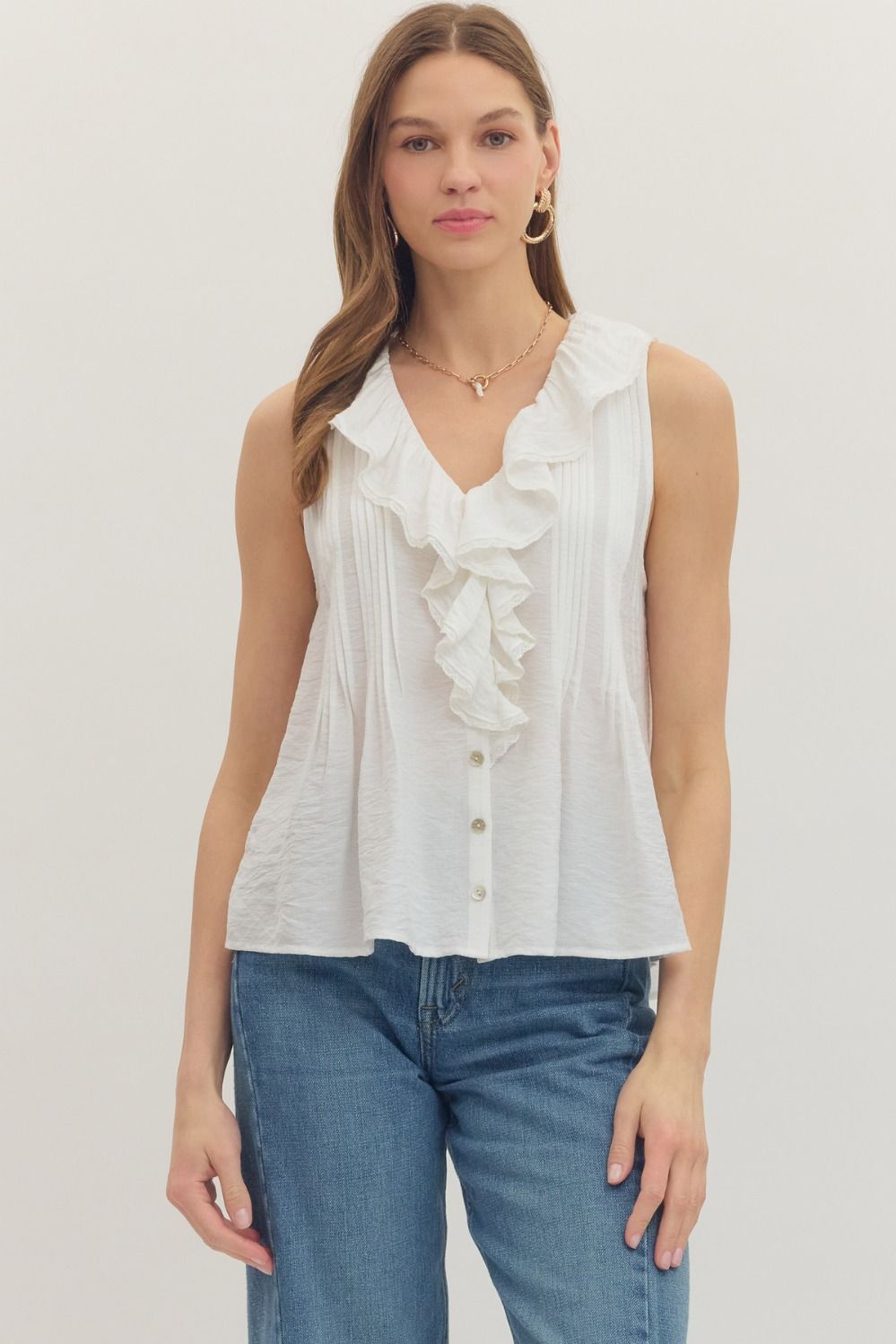 ENTRO Solid Sleeveless Ruffle Trim V Neck Top In Off White