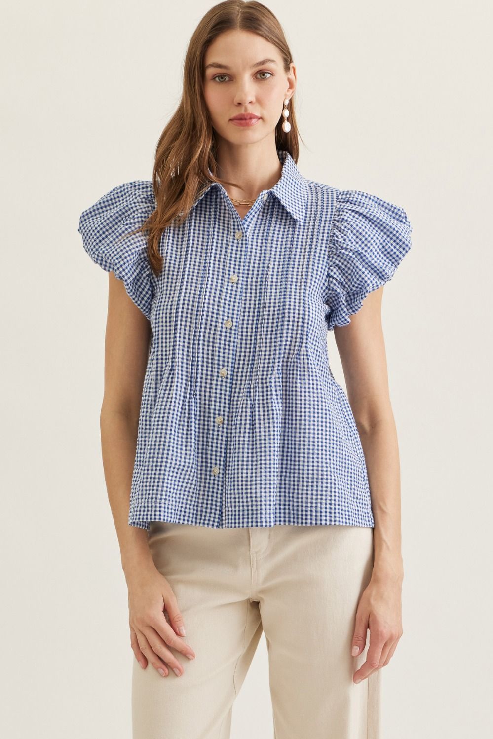ENTRO Plaid Short Puff Flutter Sleeve Top In Blue *COMING SOON*