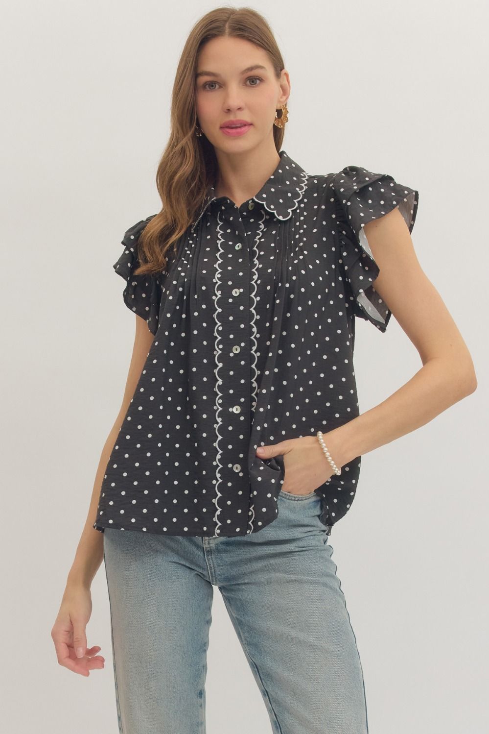 ENTRO Polka Dot Flutter Sleeve Top With Scallop Trim Detail In Black *COMING SOON*