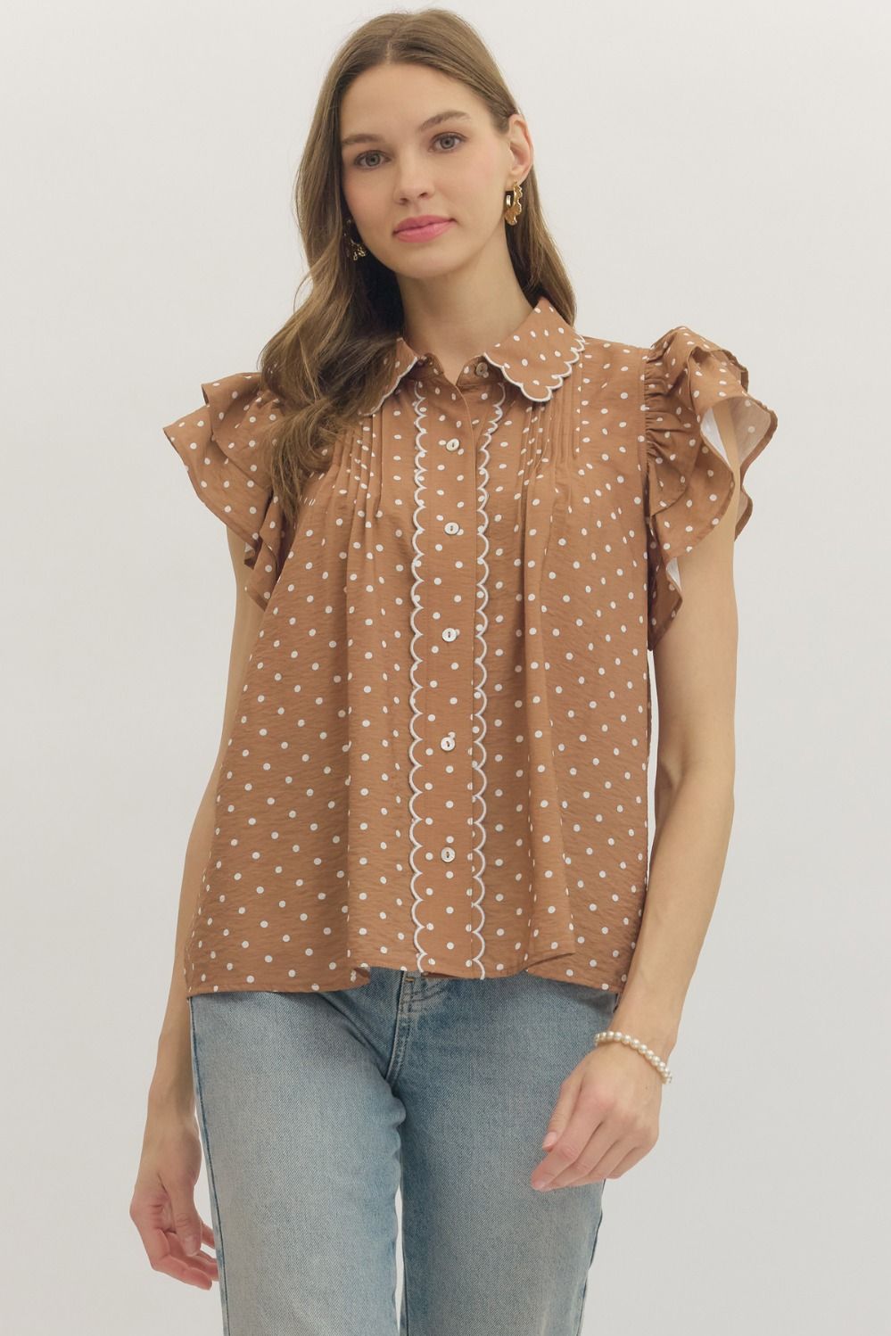 ENTRO Polka Dot Flutter Sleeve Top With Scallop Trim Detail In Brown *COMING SOON*