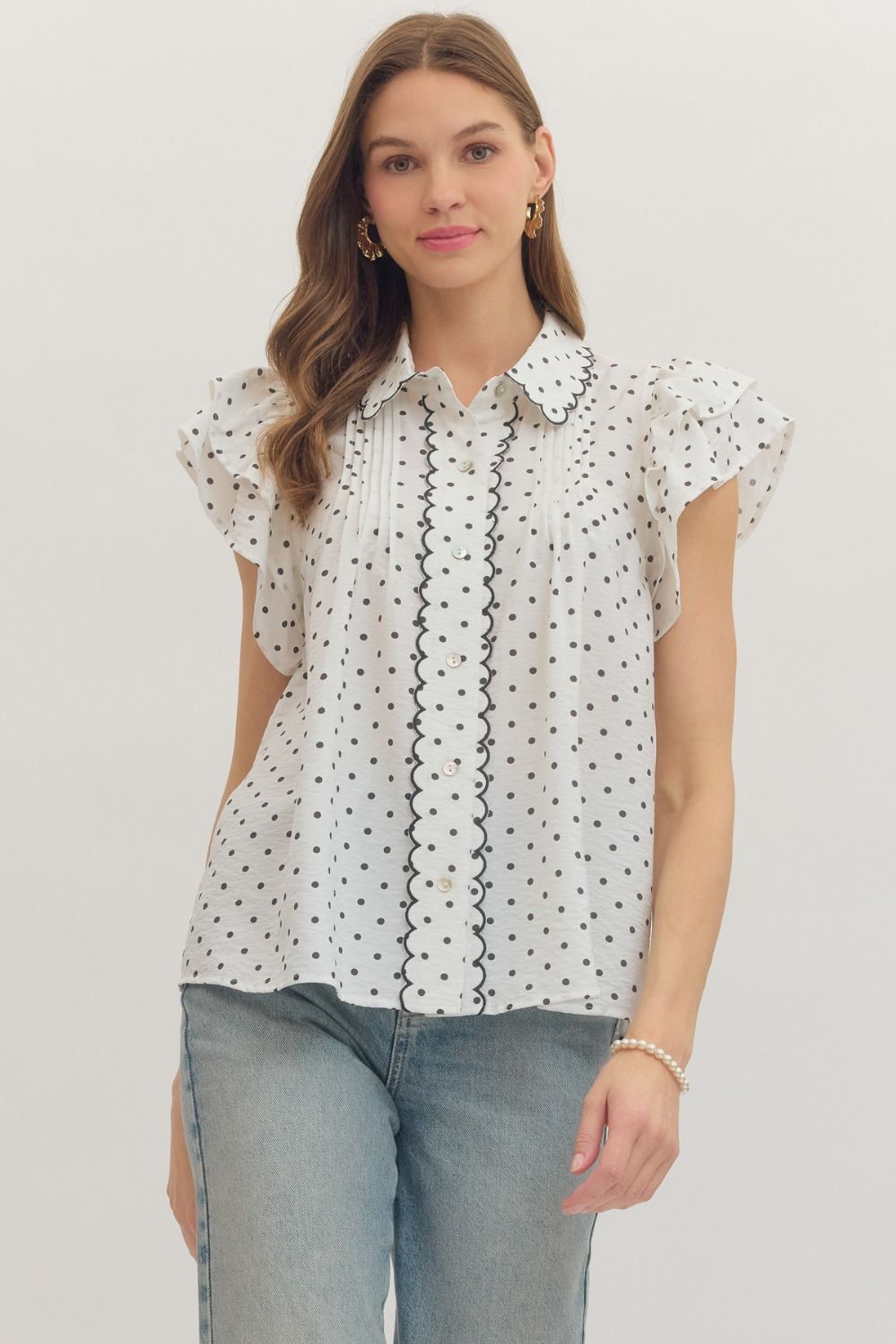 ENTRO Polka Dot Flutter Sleeve Top With Scallop Trim Detail In Off White *COMING SOON*