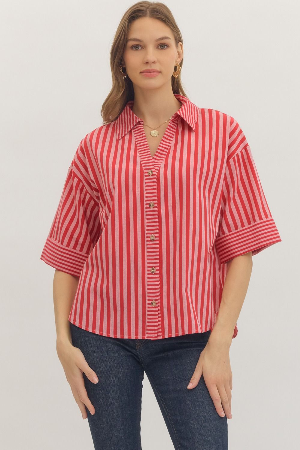 ENTRO Striped Short Sleeve Top With Shirt Collar In Red *COMING SOON*