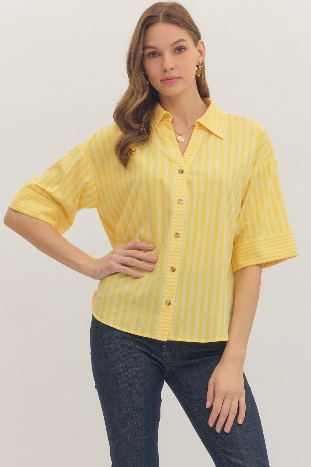 ENTRO Striped Short Sleeve Top With Shirt Collar In Yellow *COMING SOON*