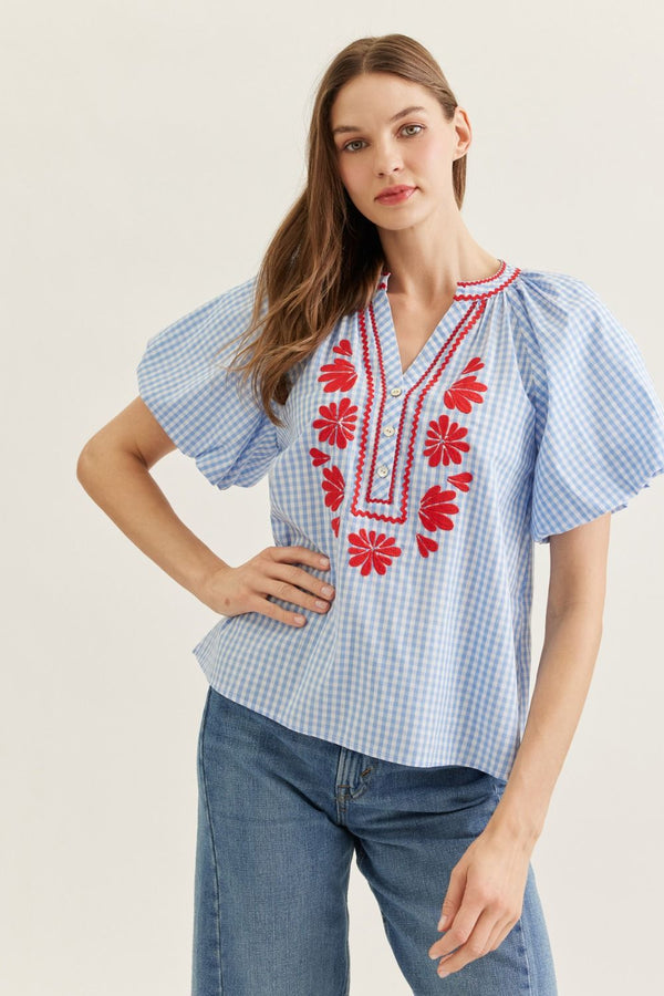 ENTRO Plain Flutter Sleeve Top With Floral Embroidery In Blue & Red