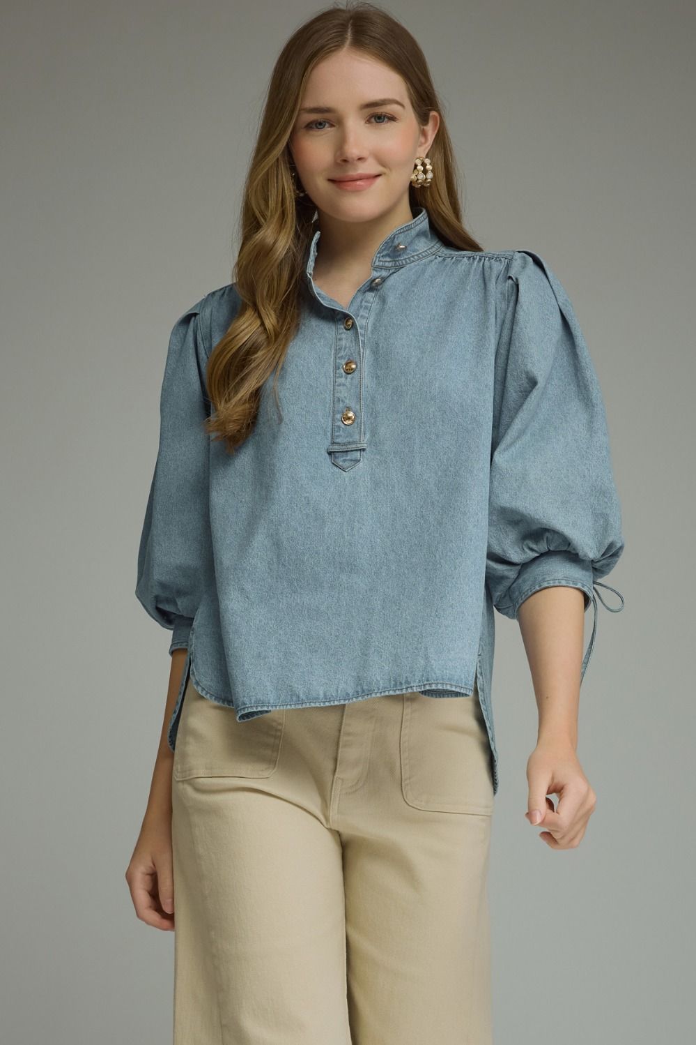 ENTRO 3/4 Puff Sleeve Top In Denim *COMING SOON*
