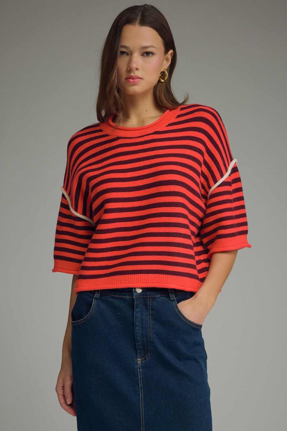 ENTRO Striped Round Neck Short Sleeve Sweater Top In Red *COMING SOON*