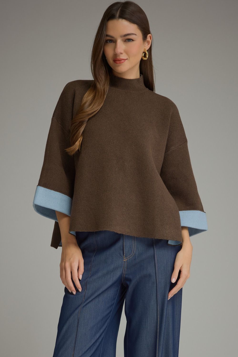 ENTRO Solid 3/4 Sleeve Sweater With Contrast Cuff In Brown *COMING SOON*
