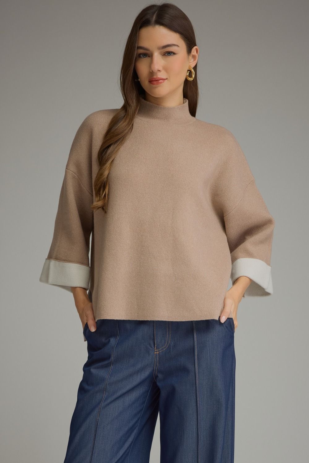 ENTRO Solid 3/4 Sleeve Sweater With Contrast Cuff In Taupe *COMING SOON*