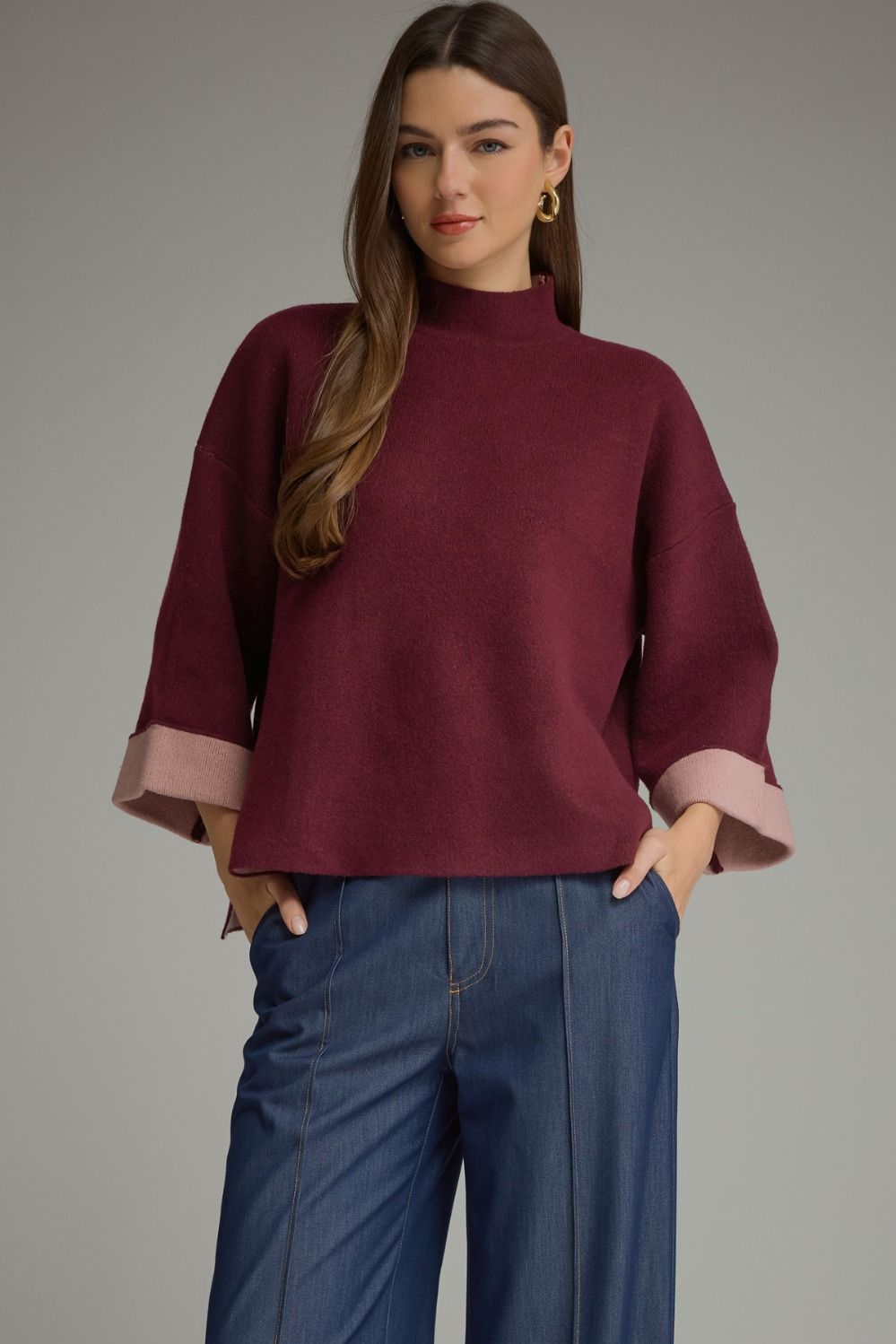 ENTRO Solid 3/4 Sleeve Sweater With Contrast Cuff In Wine