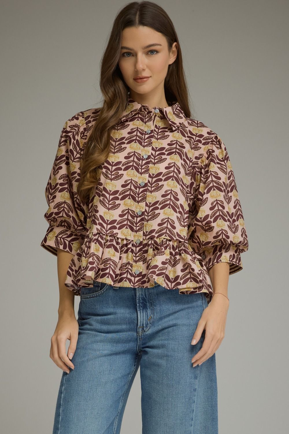 ENTRO Printed Short Puff Sleeve Top In Blush