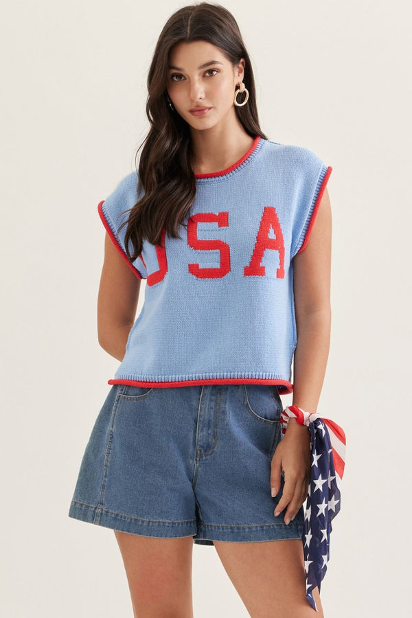 ENTRO Cap Sleeve USA Top In Blue