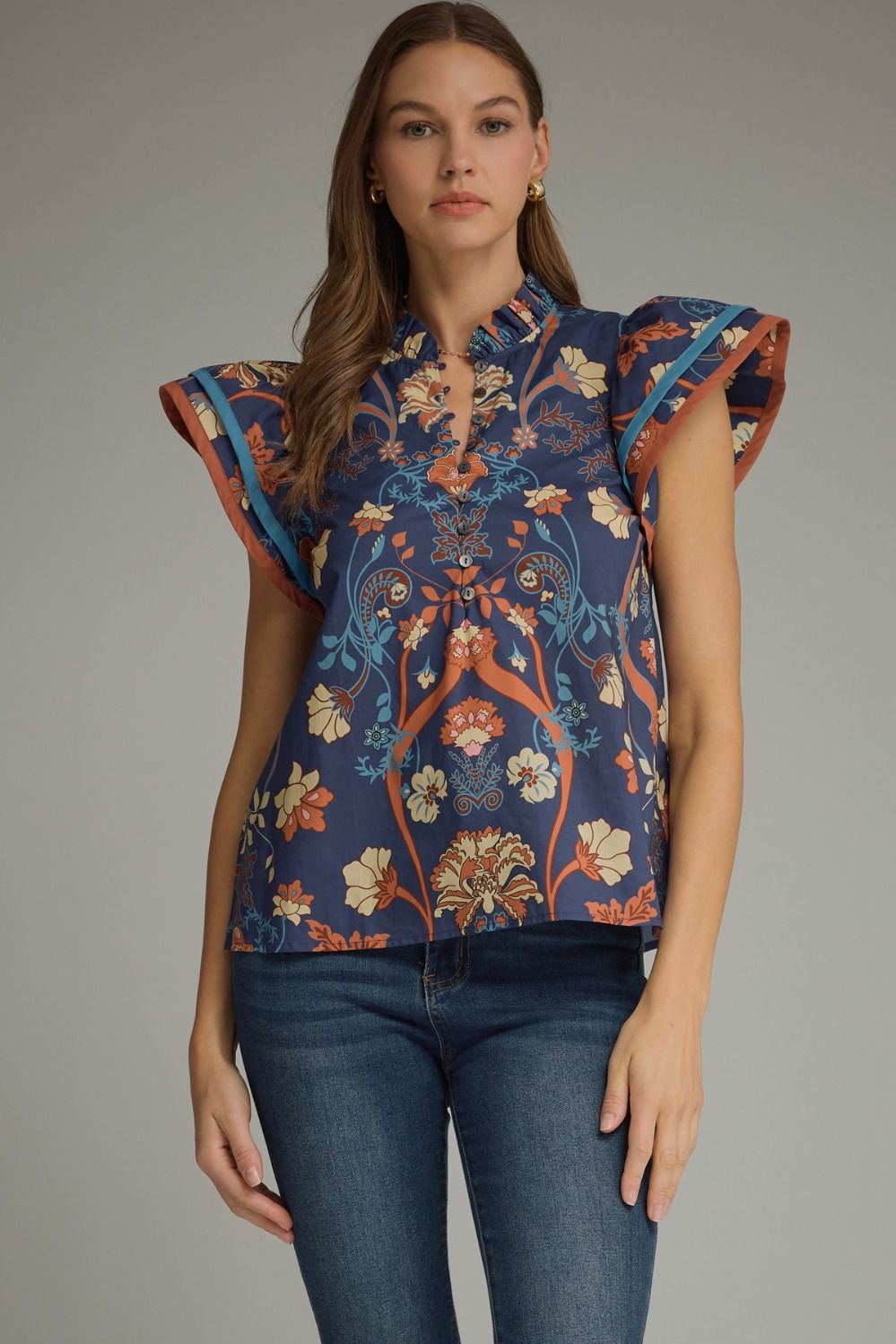 ENTRO Floral Flutter Sleeve Top In Dark Navy *COMING SOON*
