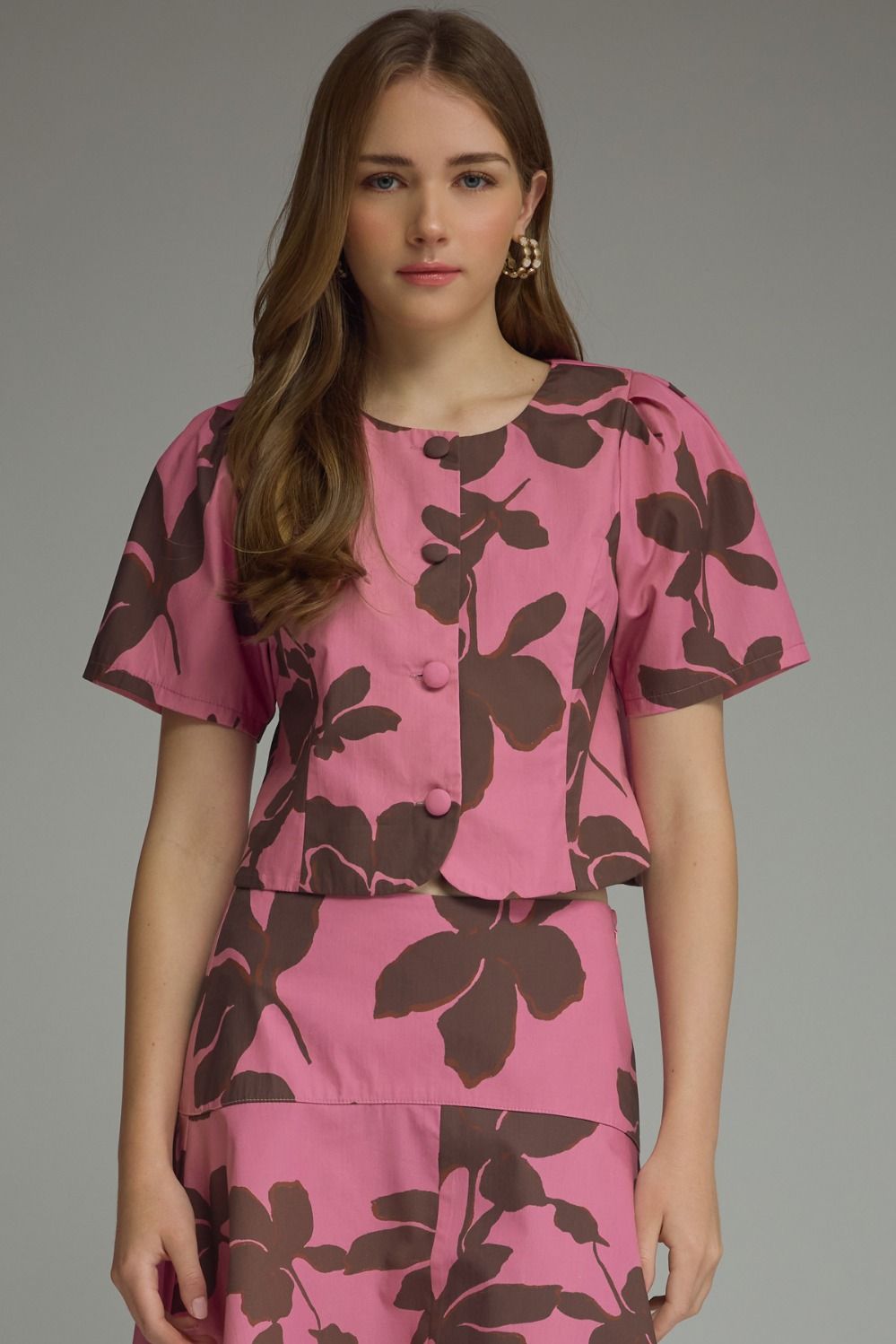 ENTRO Floral Button Up Top In Pink Brown *COMING SOON*