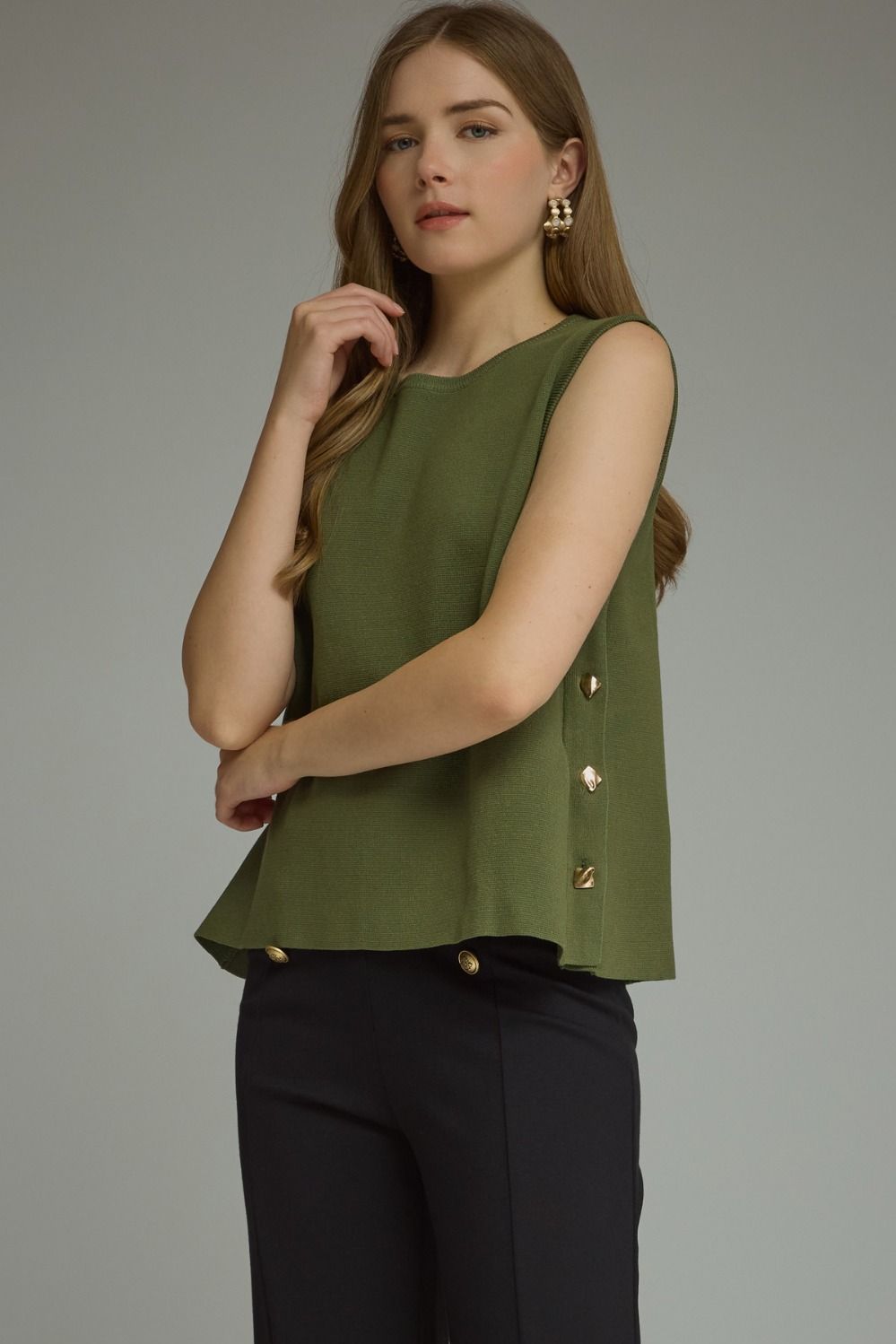 ENTRO Solid Sleeveless Top With Side Buttons In Olive *COMING SOON*