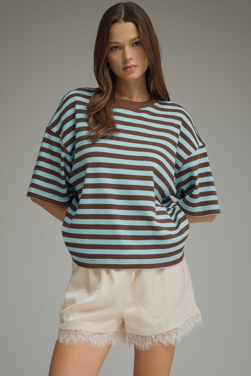 ENTRO Striped Short Sleeve Ribbed Top In Blue Brown *COMING SOON*