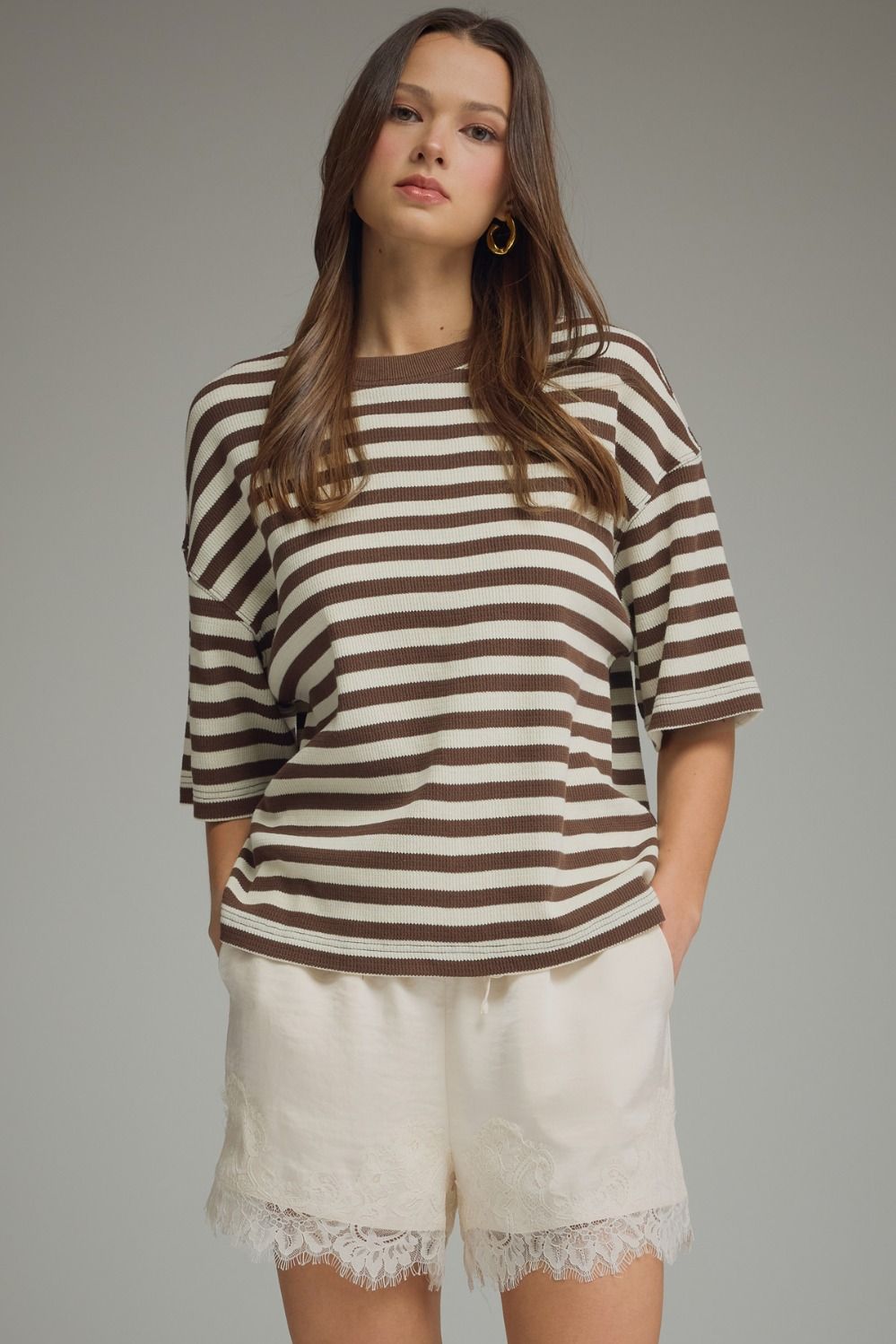 ENTRO Striped Short Sleeve Ribbed Top In Brown  *COMING SOON*