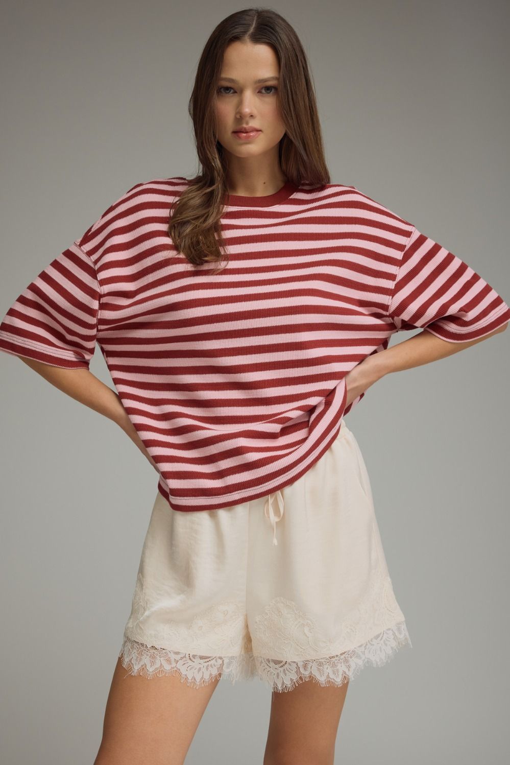 ENTRO Striped Short Sleeve Ribbed Top In Burgundy *COMING SOON*