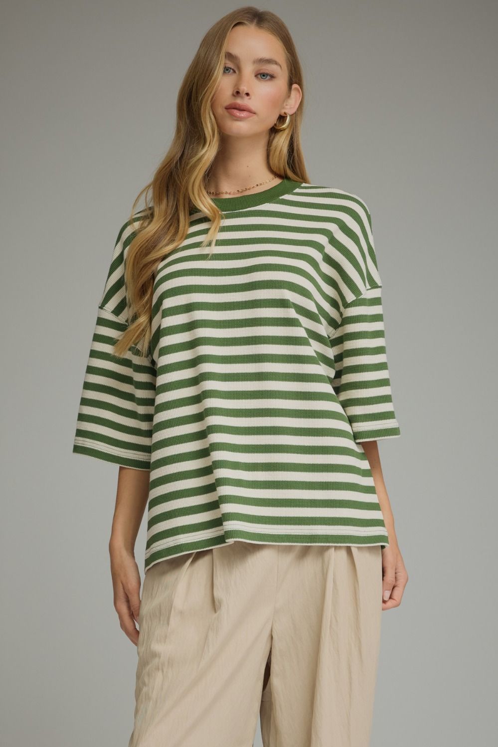 ENTRO Striped Short Sleeve Ribbed Top In Hunter Green *COMING SOON*