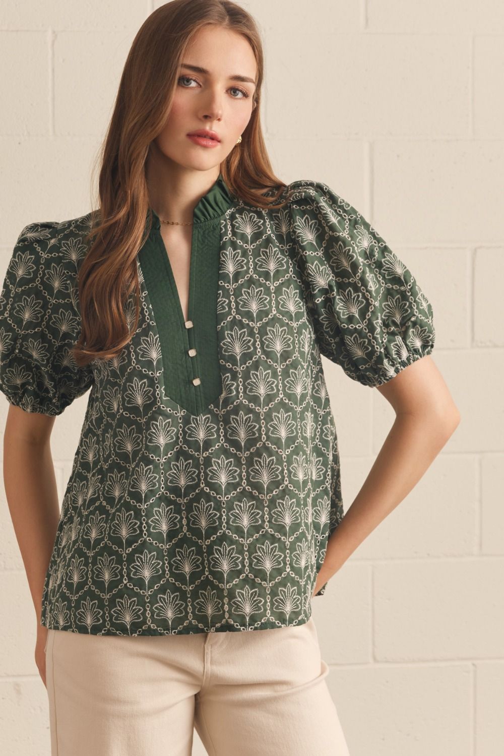 ENTRO Embroidered Puff Sleeve With Ruffle Neck Top In Army