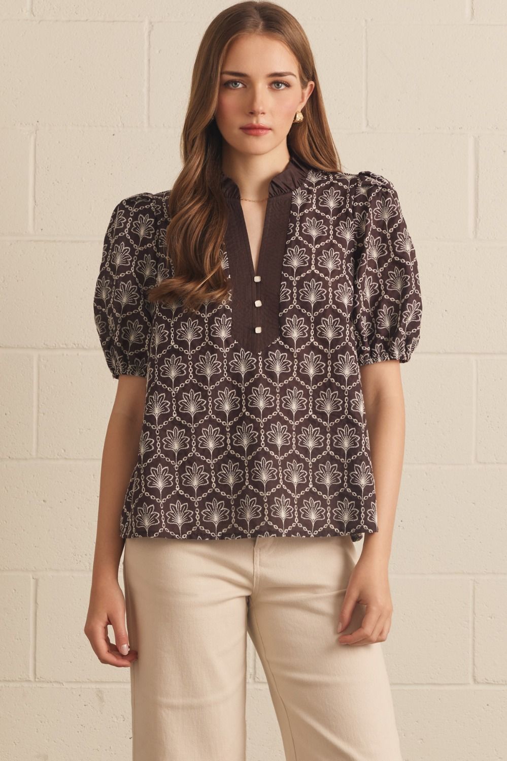 ENTRO Embroidered Puff Sleeve With Ruffle Neck Top In Brown
