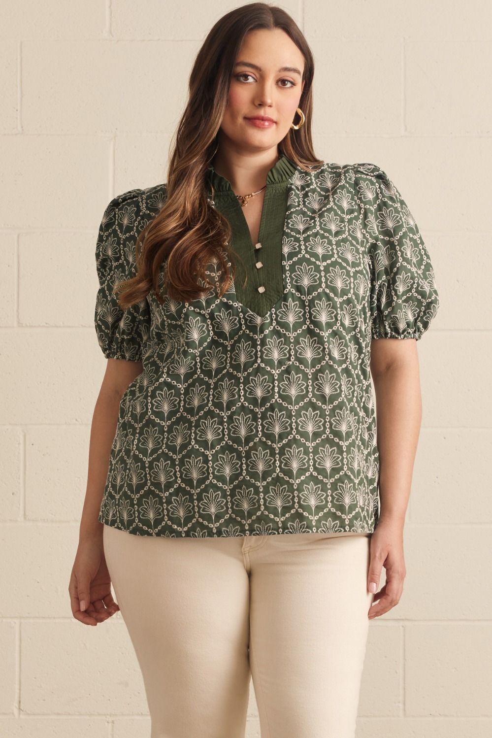ENTRO Embroidered Puff Sleeve With Ruffle Neck Top In Army PLUS Sizes *COMING SOON*