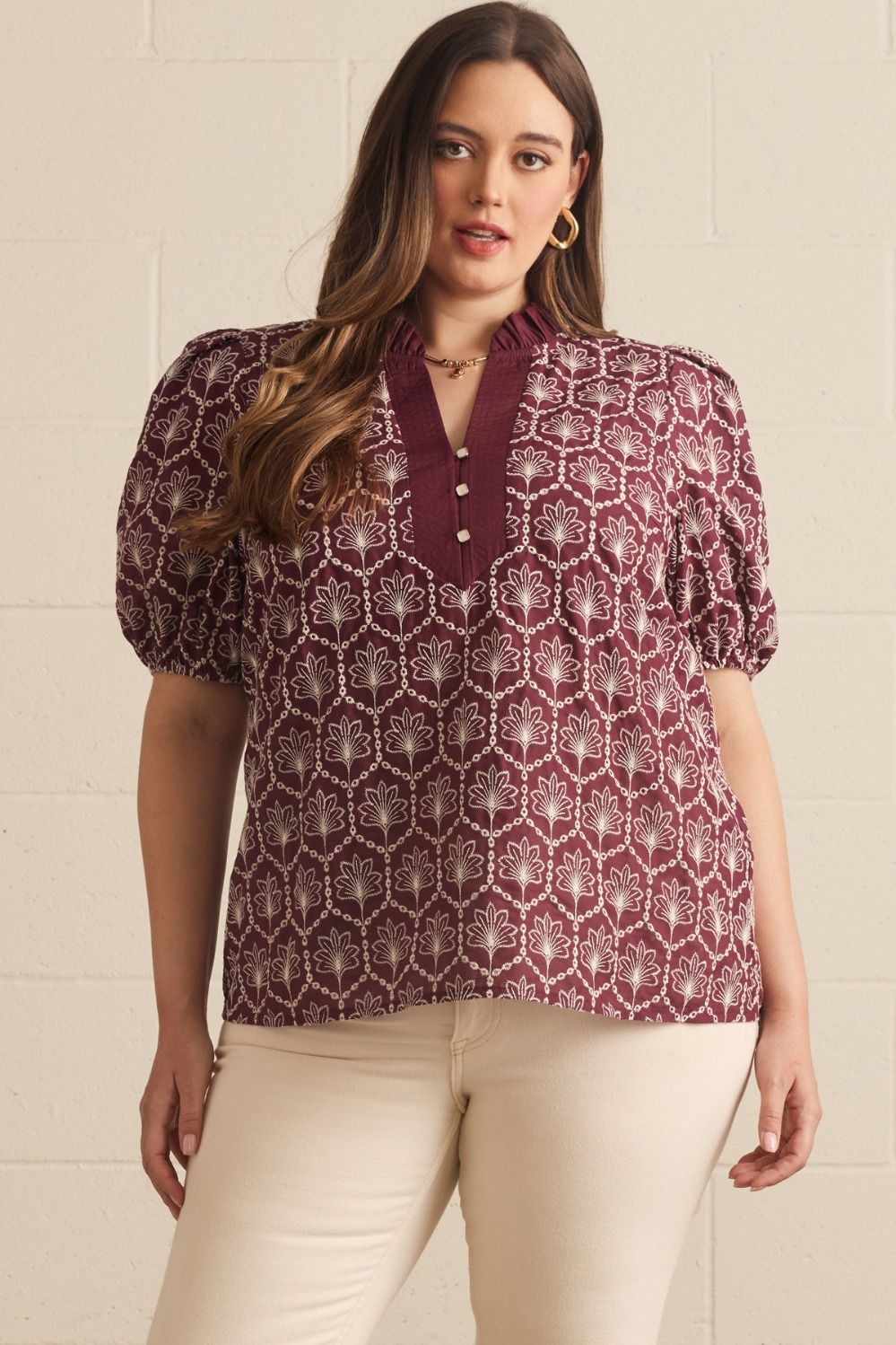 ENTRO Embroidered Puff Sleeve With Ruffle Neck Top In Wine PLUS Sizes *COMING SOON*