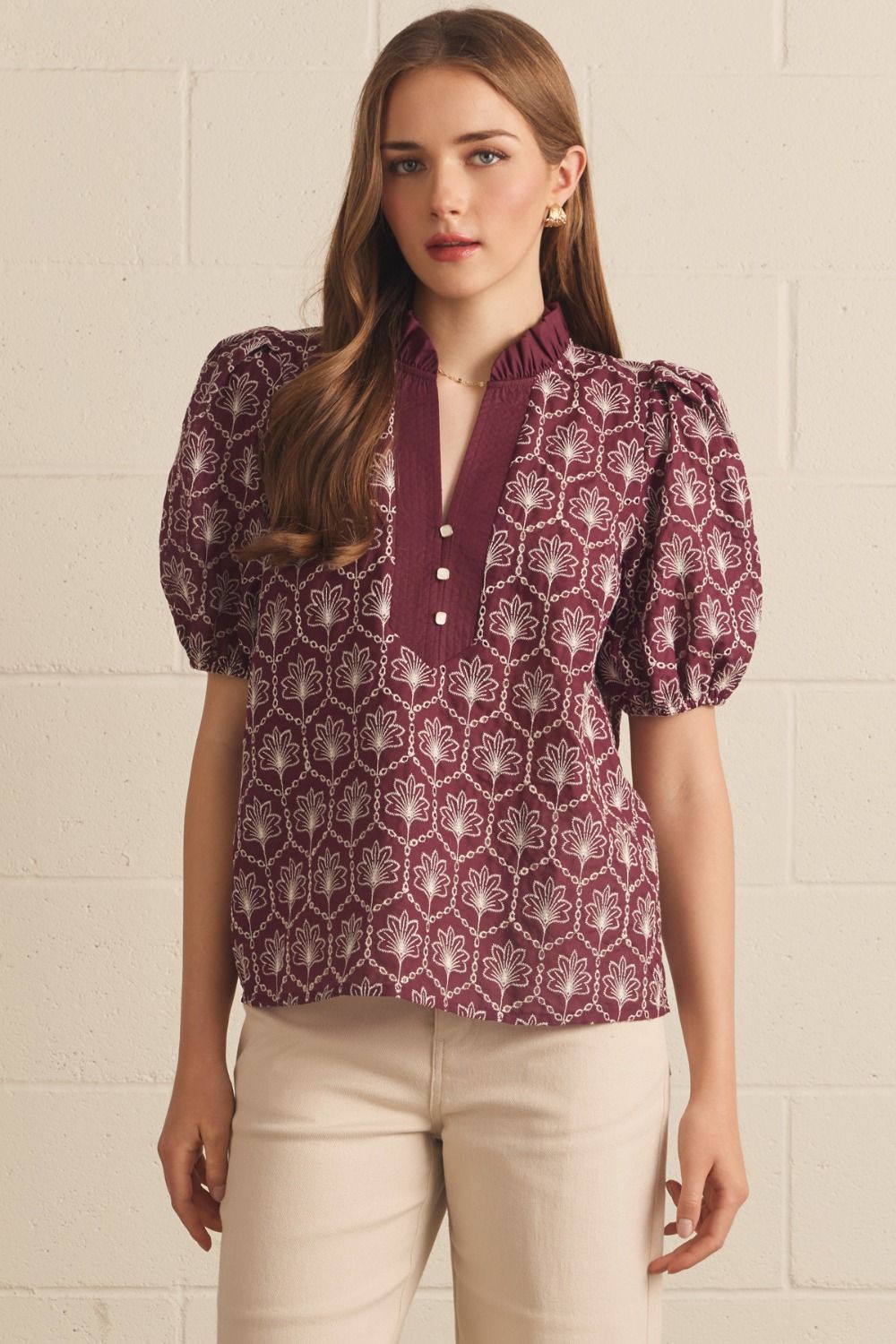 ENTRO Embroidered Puff Sleeve With Ruffle Neck Top In Wine
