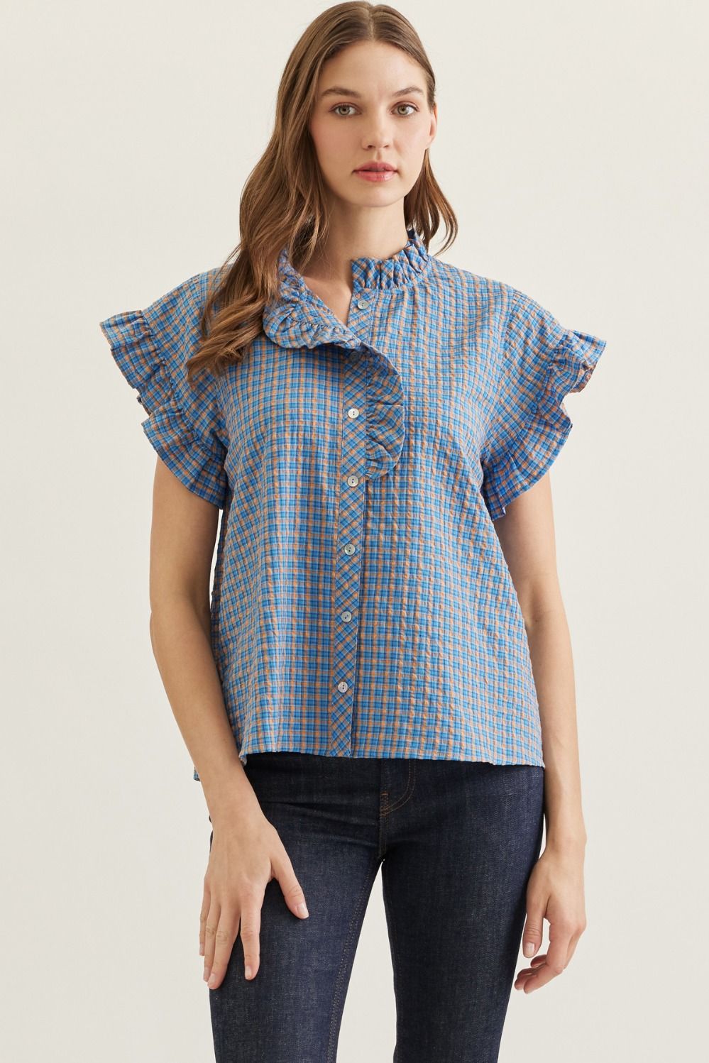 ENTRO Plaid Flutter Sleeve Top With Ruffle Trim In Blue