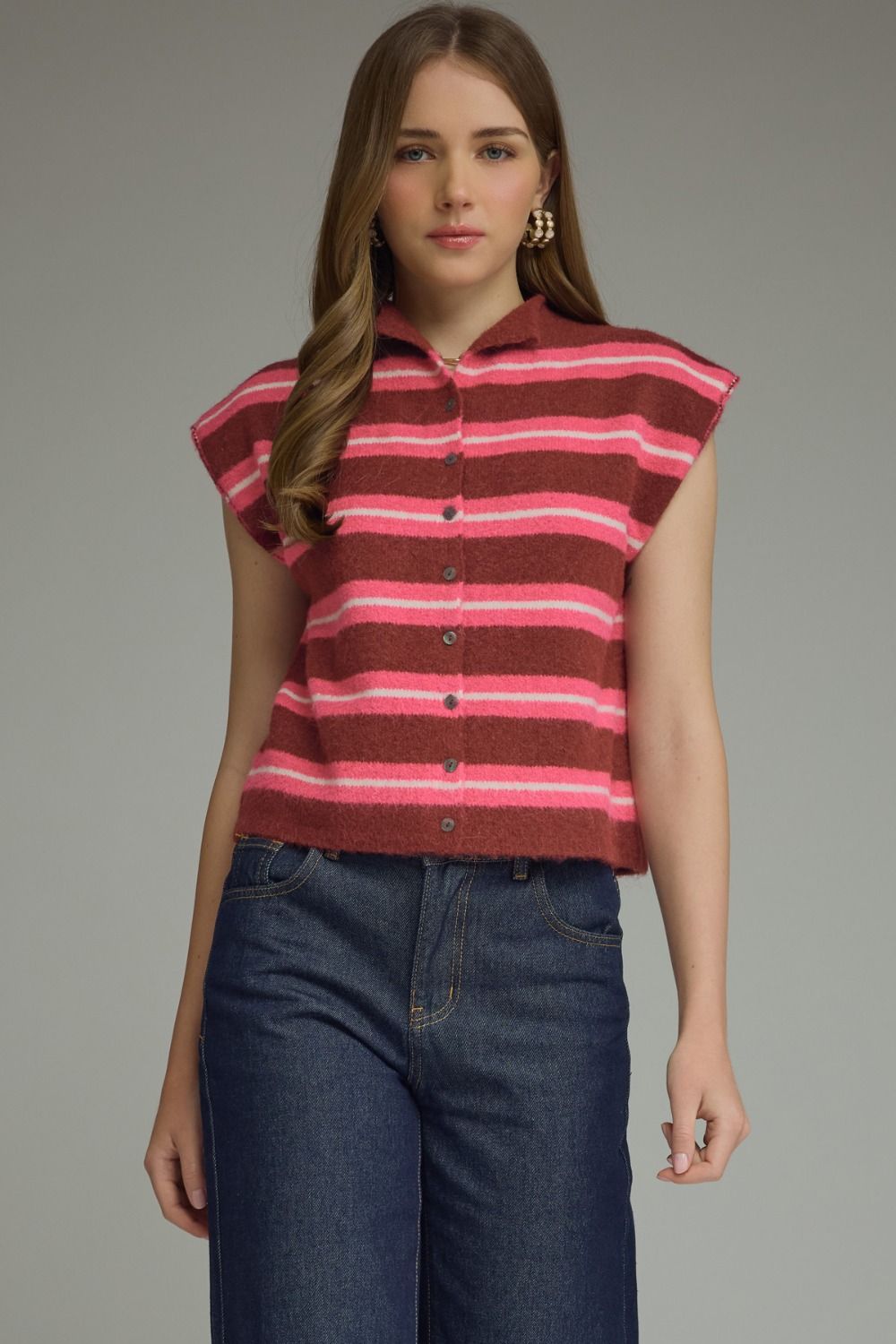 ENTRO Striped Cap Sleeve Button Front Top In Burgundy