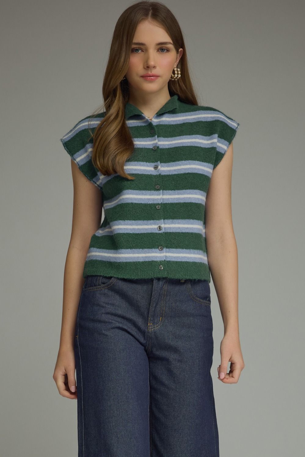 ENTRO Striped Cap Sleeve Button Front Top In Hunter Green Blue