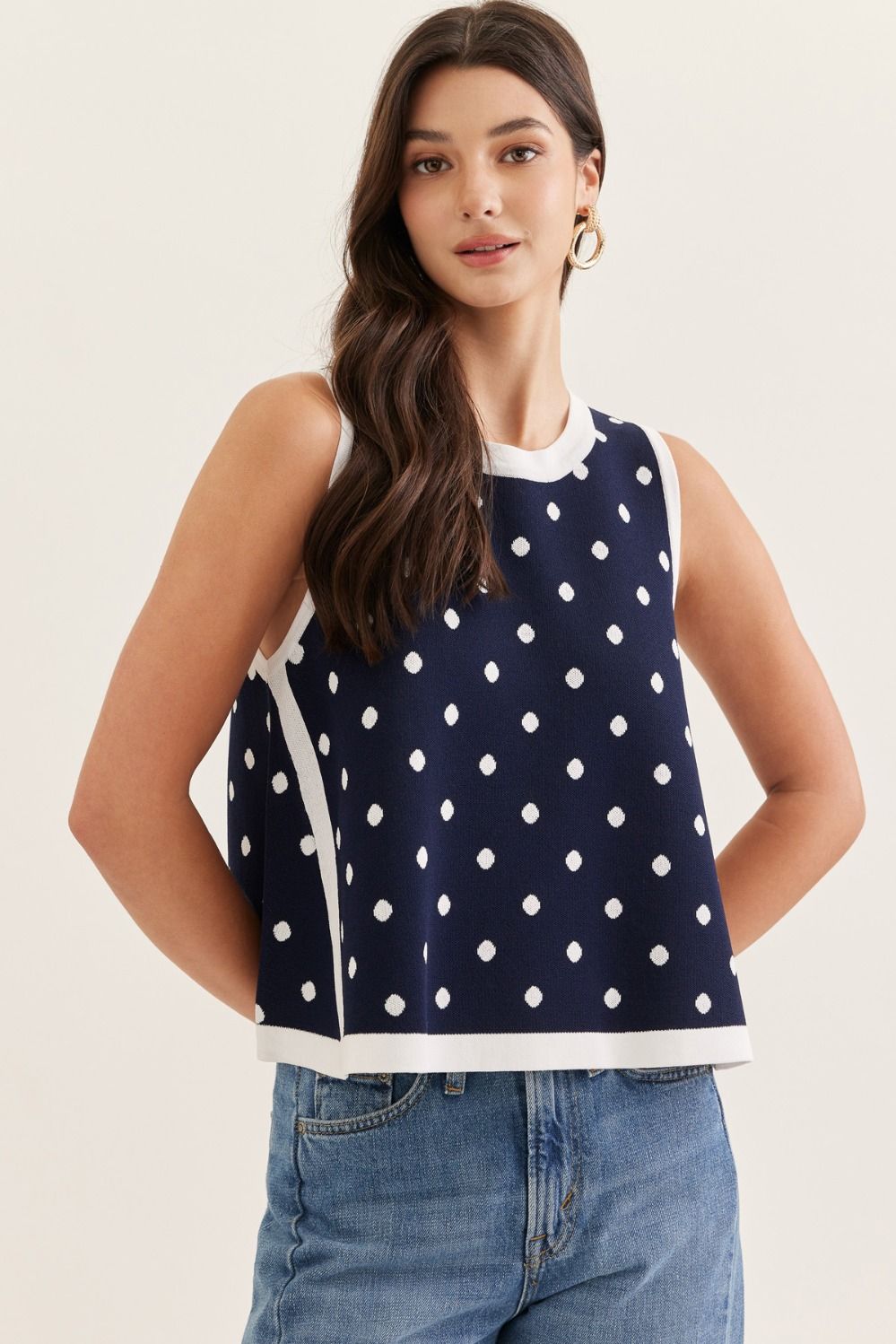 ENTRO Polka Dot Sleeveless Top With Contrast Binding In Navy