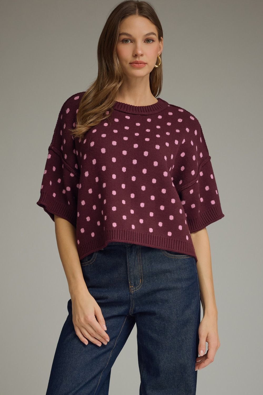 ENTRO Round Neck Short Sleeve Polka Dot Sweater In Burgundy