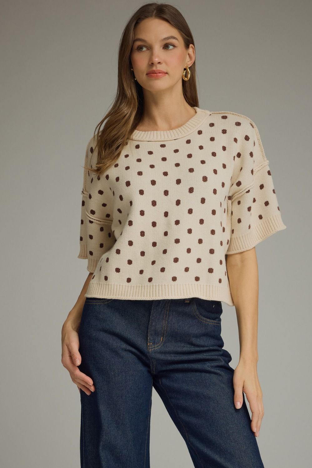 ENTRO Round Neck Short Sleeve Polka Dot Sweater In Ecru