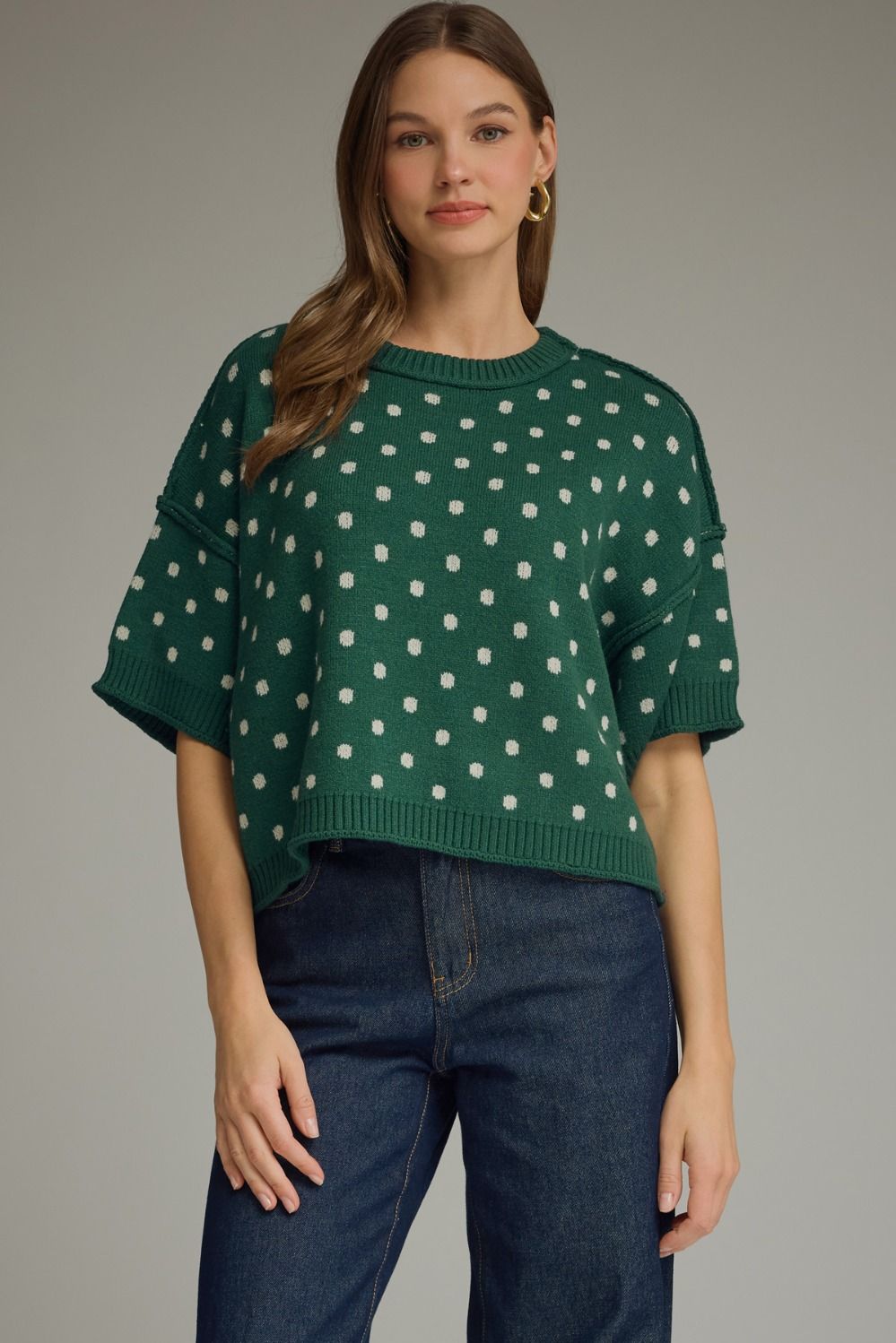 ENTRO Round Neck Short Sleeve Polka Dot Sweater In Hunter Green