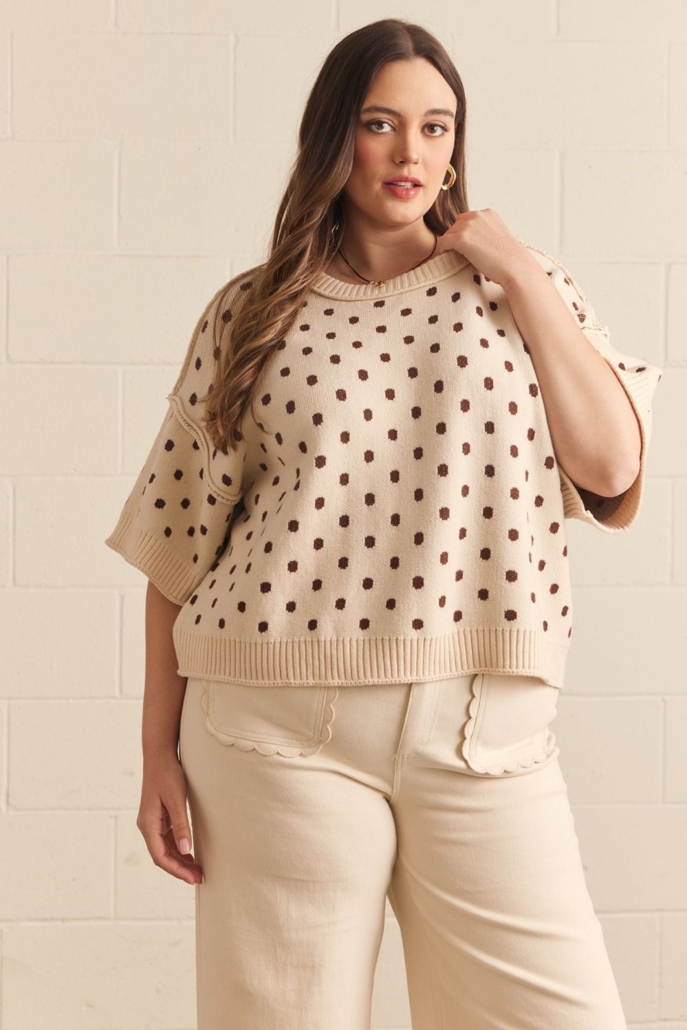 ENTRO Round Neck Short Sleeve Polka Dot Sweater In Ecru PLUS Sizes