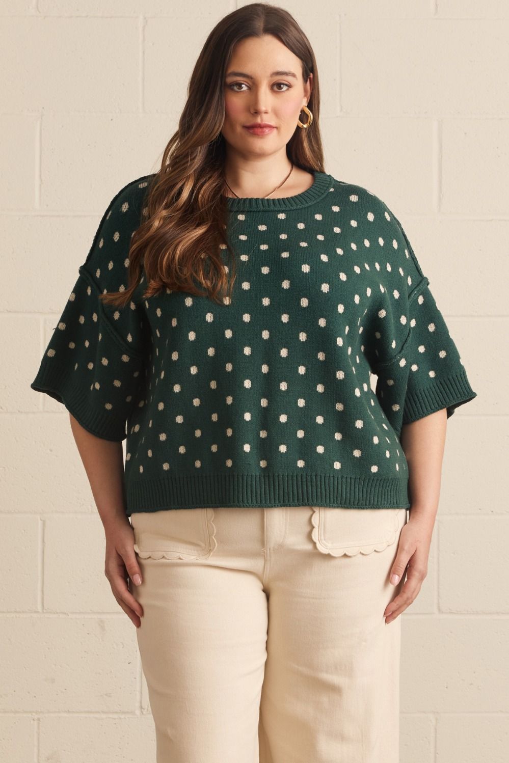 ENTRO Round Neck Short Sleeve Polka Dot Sweater In Hunter Green PLUS Sizes *COMING SOON*